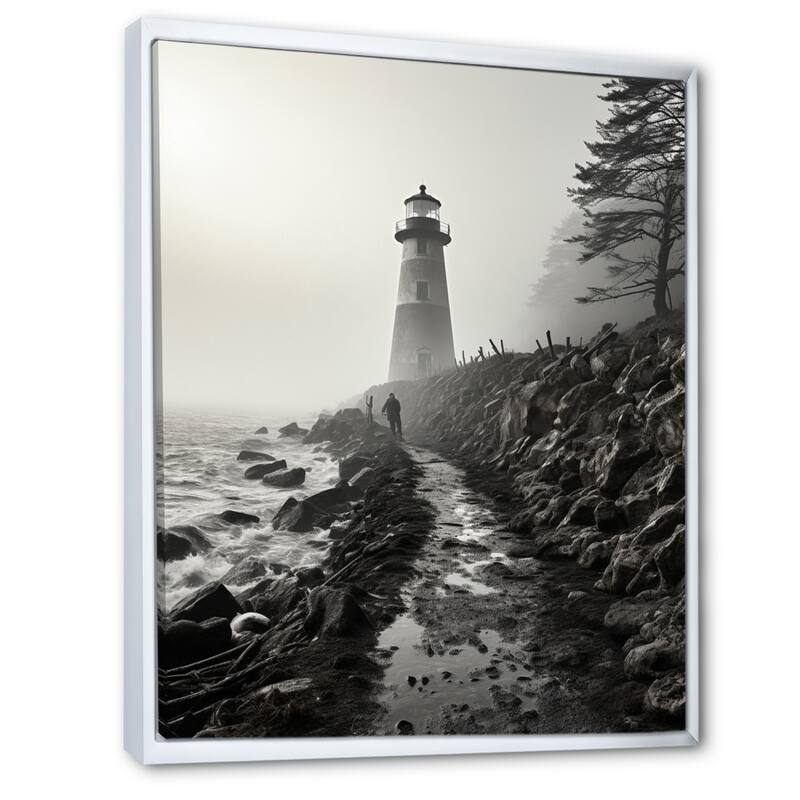 Designart "Black White Lighthouse Misty Horizon" Lighthouses Framed